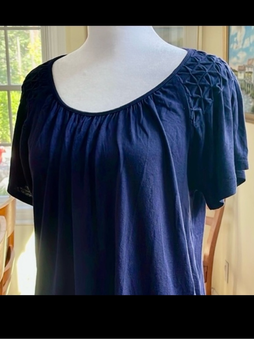 Elle Top in Navy w/Flutter-Sleeves & Criss-Cross Tuck Detail at Shoulders.